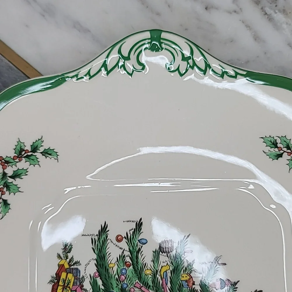 Spode Christmas Tree Vintage Collectible Ceramic Handled Square Cake Plate